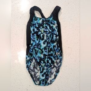 CUTE GK Elite Extra Small AXS Gymnastics Dance Leotard  Leopard Cheetah Blue Blk